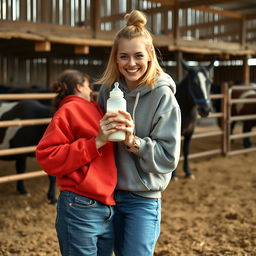 In a vibrant corral setting, a cheerful scene features a 24-year-old malnourished woman with medium-length blonde hair and bright blue eyes, happily holding a baby bottle filled with milk