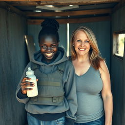 Inside a rundown shack, a sinister young African woman, 19 years old, stands with a wicked smile
