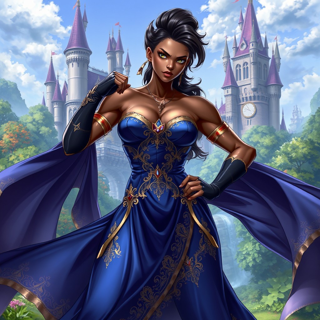 A realistic anime depiction of a strong black female fighter wearing an elegant princess dress