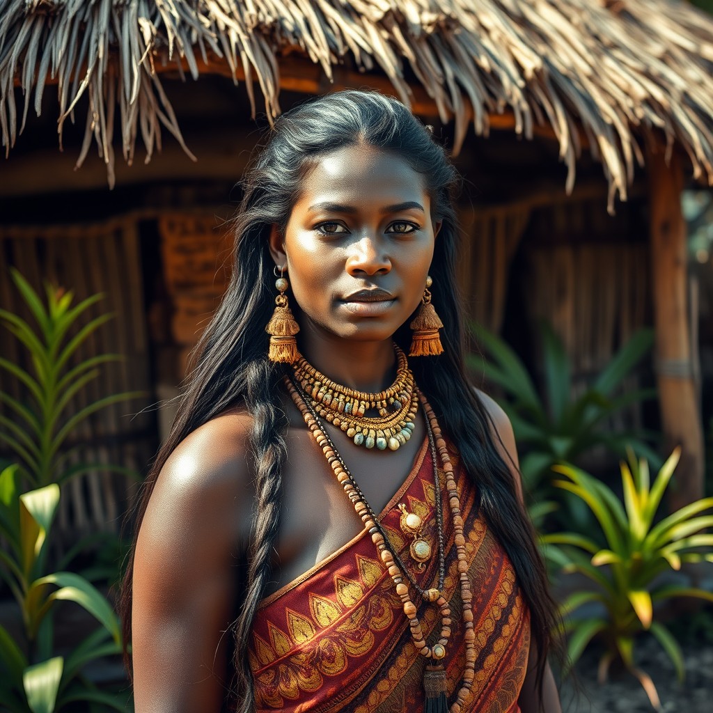 A realistic portrayal of a dark-skinned indigenous woman in a traditional village setting