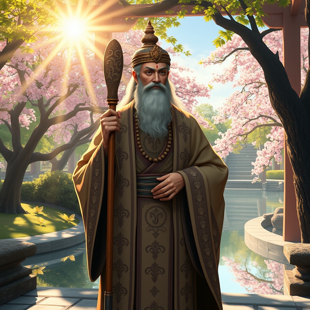 A depicition of a Xintoista priest named Chakravartin, standing in a serene temple surrounded by nature