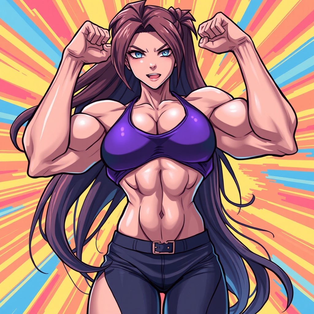 A dynamic anime-style illustration of a female bodybuilder showcasing an impressive physique