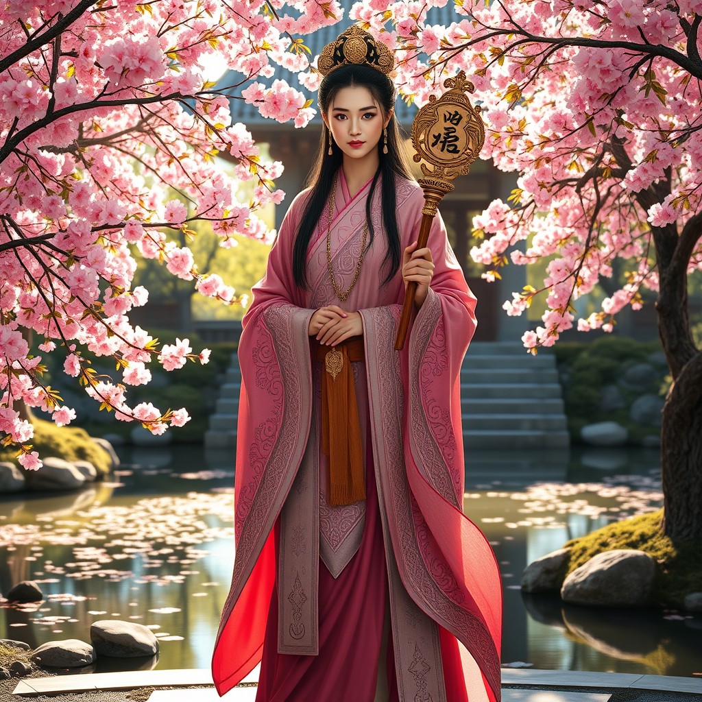 A depiction of a beautiful female Xintoista priest named Chakravartin, standing gracefully in a serene temple immersed in nature