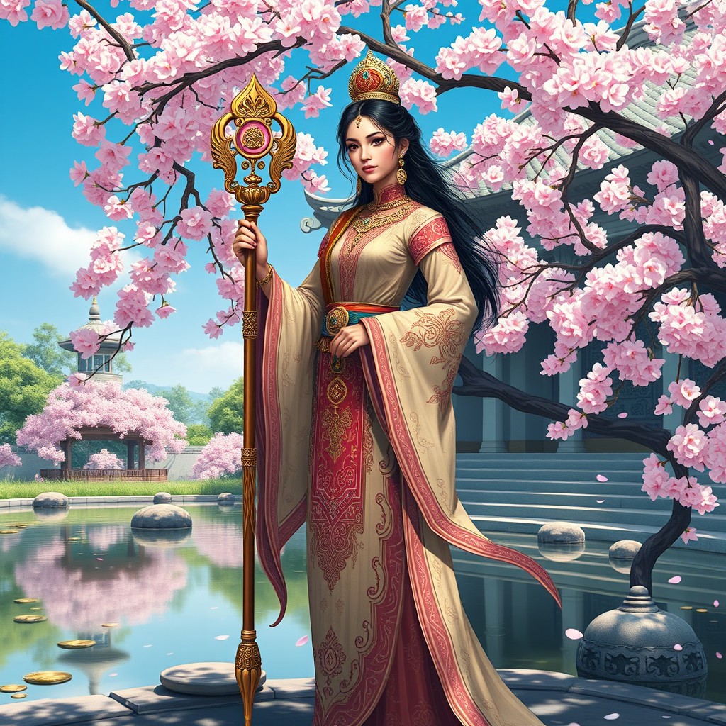A captivating depiction of a beautiful female Xintoista priest named Chakravartin, standing gracefully within a serene and lush temple environment