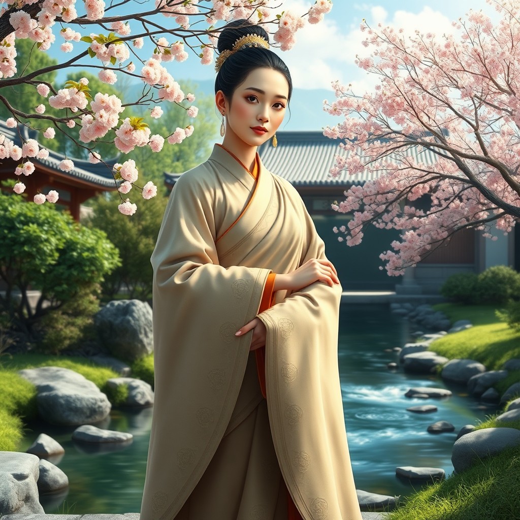 A stunning portrayal of a beautiful female Xintoista monk named Chakravartin, standing gracefully in a tranquil temple setting