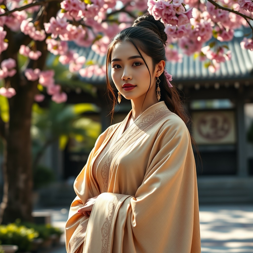 A beautiful female Xintoista monk named Chakravartin, poised gracefully in a tranquil temple setting