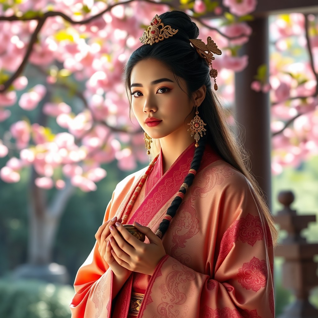 A stunning portrayal of a beautiful female Xintoista priest named Chakravartin, depicted in a peaceful temple setting