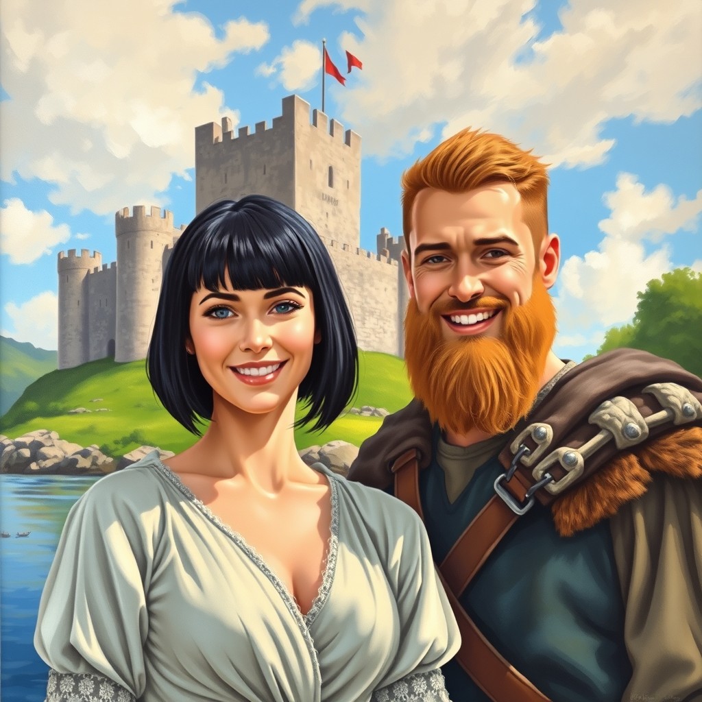 A vibrant oil painting of Cahir Castle, a medieval European fortification located on a rocky island on the River Suir in County Tipperary, Ireland