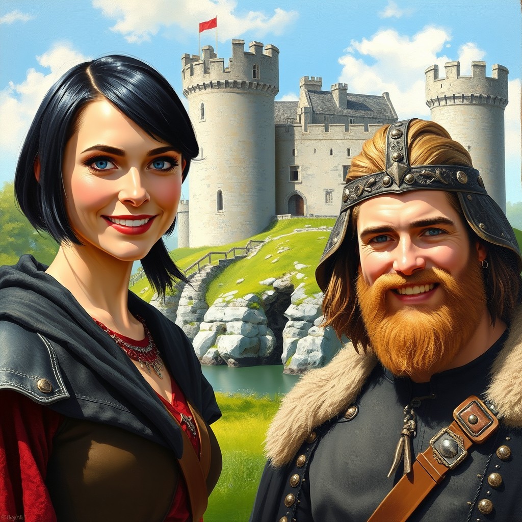 A vibrant oil painting of Cahir Castle, a medieval European castle believed to be impregnable until a cannon attack in 1599, situated on a rocky island in the River Suir of County Tipperary