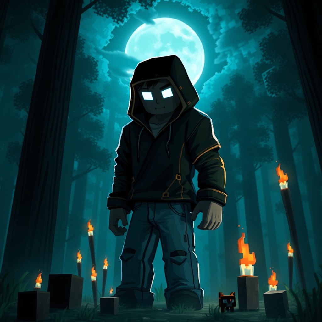 A striking and detailed digital illustration capturing the essence of Herobrine, the legendary Minecraft character