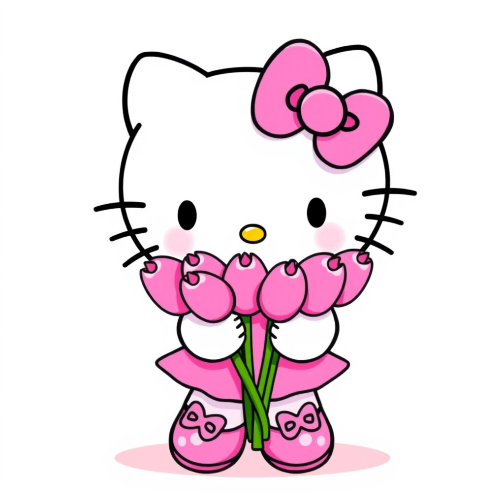 A cute Hello Kitty character featuring a bright pink bow on her head, wearing a lovely pink dress along with matching pink shoes