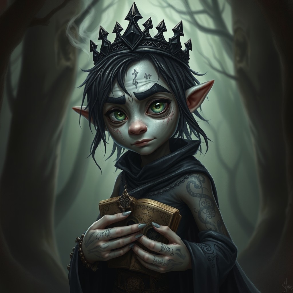 Zyrr, 'The False King,' a slight forest gnome warlock representing illusion and deceit, is depicted with pale skin that has an unhealthy ash-grey tone adorned with intricate tattoo incantations