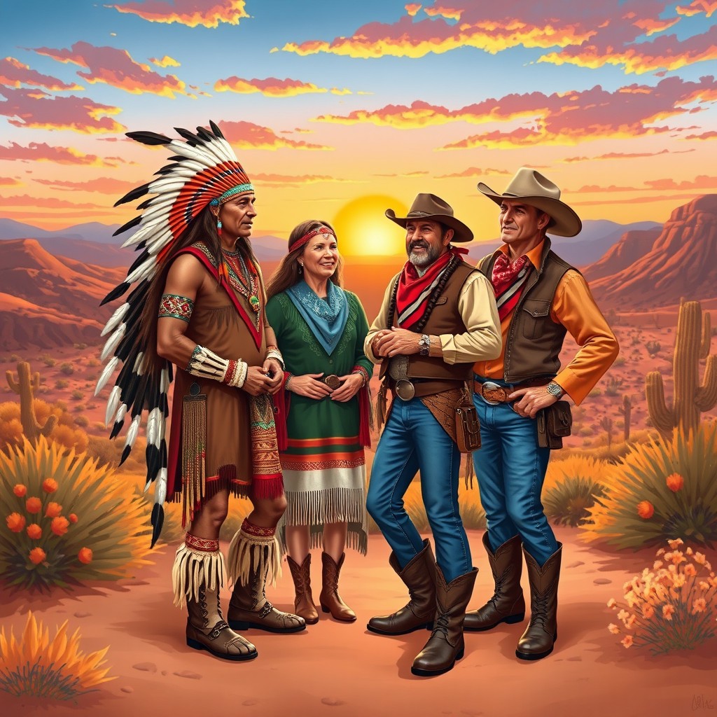A vibrant and dynamic scene depicting Native American Indians and cowboys engaging in a cultural exchange