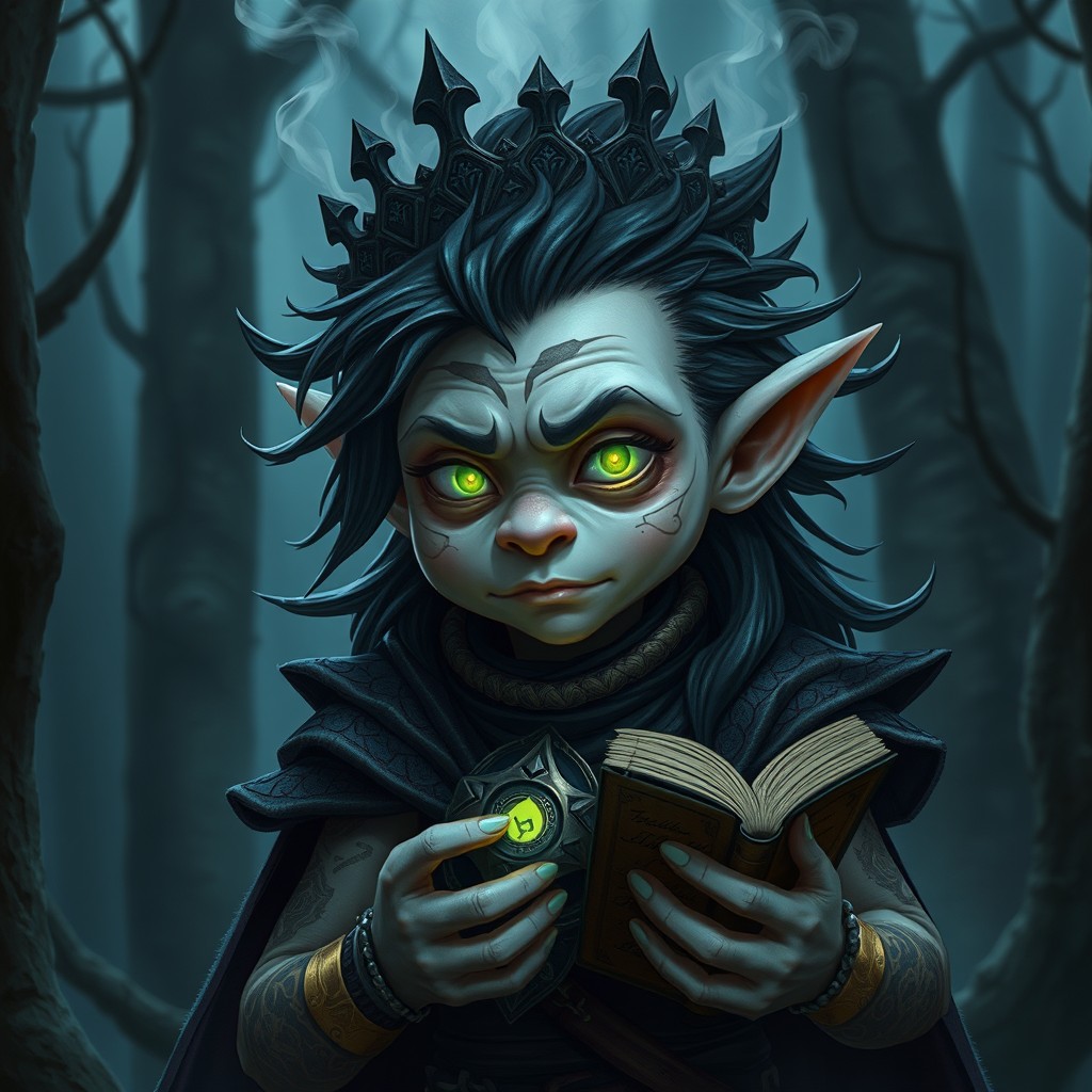 Zyrr, 'The False King,' a twink forest gnome warlock with a thousand faces of illusion and deceit, is depicted as slight even for a gnome