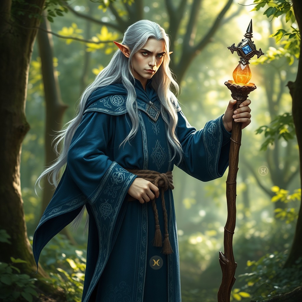 A Half Elf Wizard standing majestically in a mystical forest