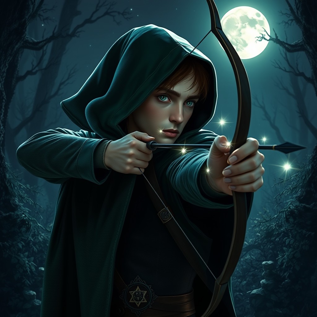 A Half-Elf male Wizard in a dark green cloak, backlit by the moonlight, aiming a bow skillfully in a dimly lit forest