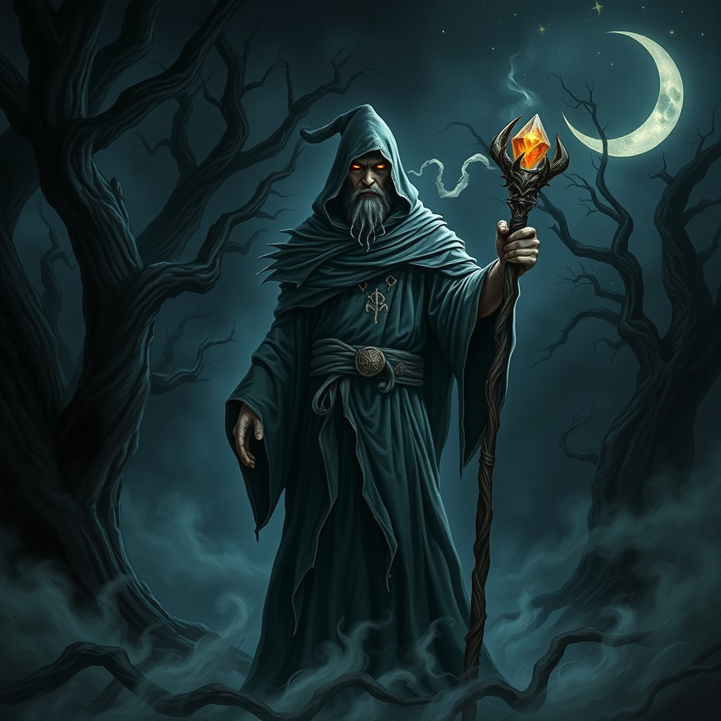A dark wizard standing in a mystical forest, surrounded by swirling shadows and ancient trees