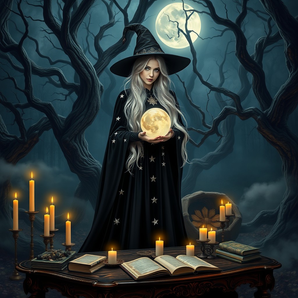 A mystical witch standing in a moonlit forest, wearing a long flowing black gown adorned with silver stars