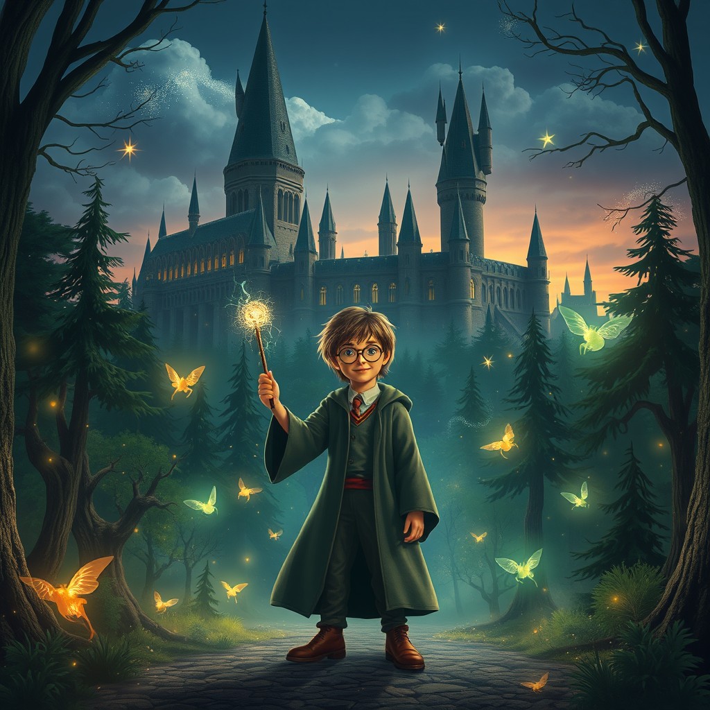 A magical scene inspired by a fantasy wizarding world that evokes the enchanting atmosphere found in the Harry Potter series