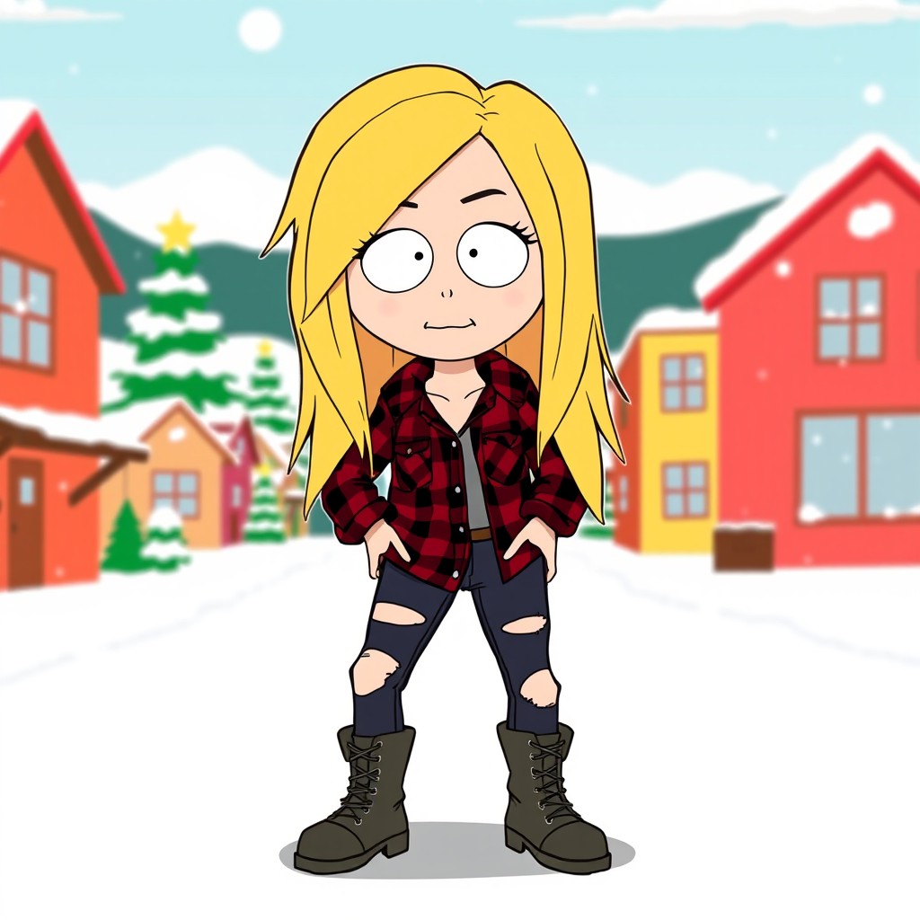 A South Park style teenage girl character with long blonde hair, wearing grunge clothing consisting of a flannel shirt, ripped jeans, and combat boots