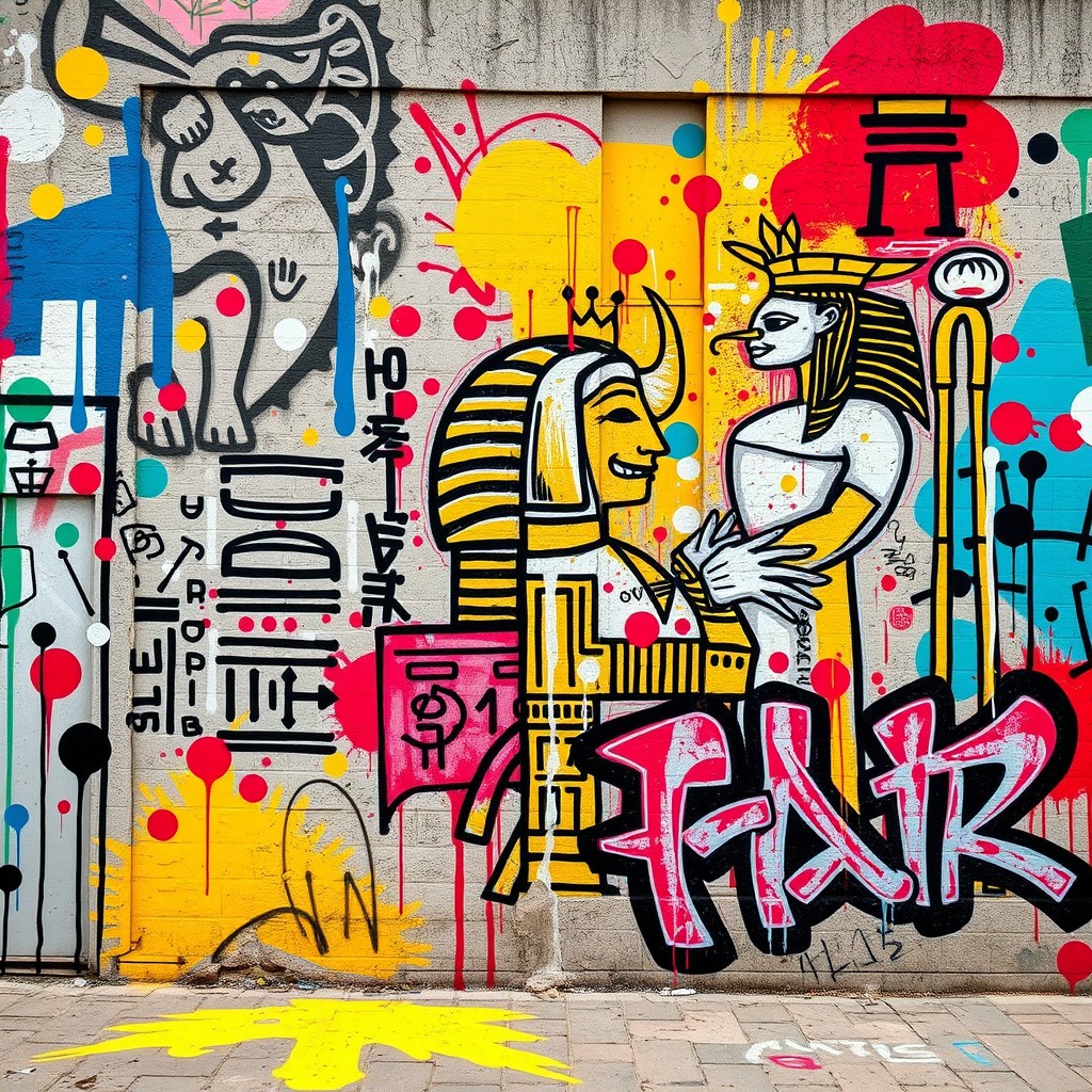 A vibrant and dynamic street art scene, featuring intricate hieroglyphic designs interwoven with bold graffiti elements