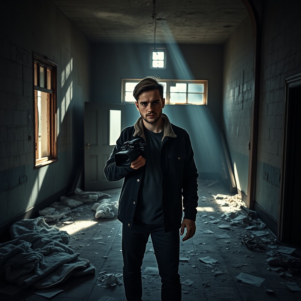 A dimly lit abandoned building, highlighting a male blogger with a video camera