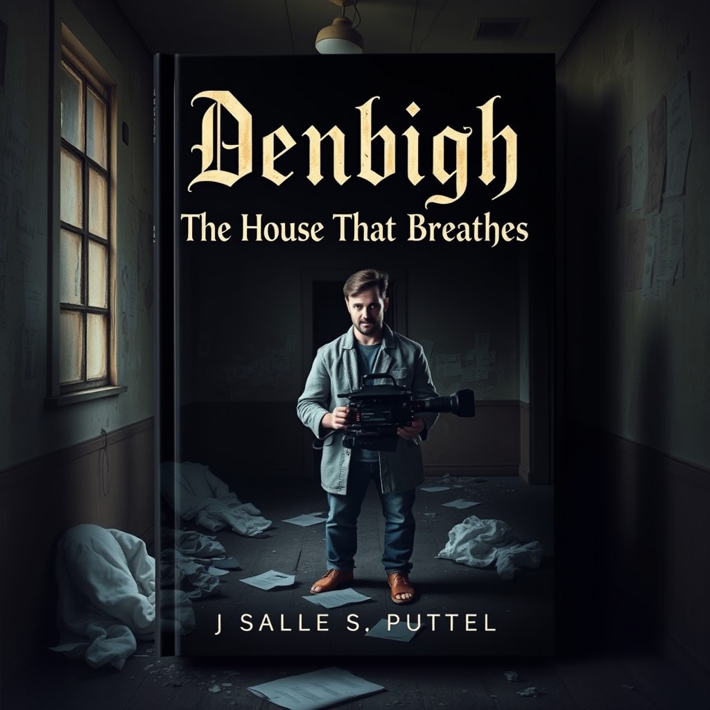 A dark, moody book cover featuring a male blogger with a video switcher inside an old, abandoned building