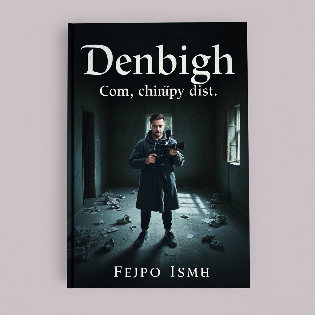 A dark, enigmatic book cover featuring a male blogger with a video switcher inside an old, derelict building