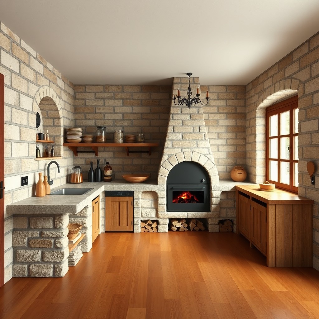 A rustic wood-fired kitchen layout measuring 3
