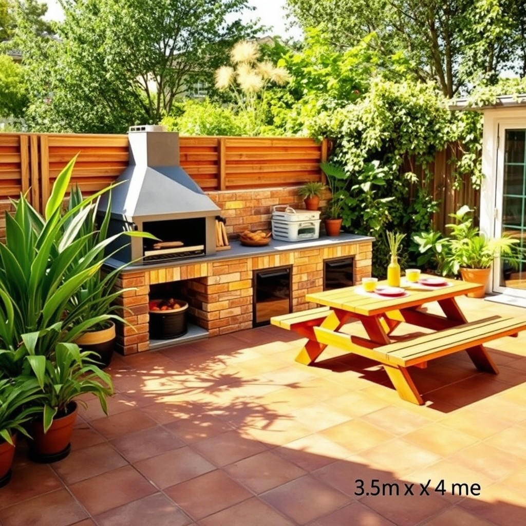 A vibrant backyard scene featuring a stylish barbecue area measuring 3