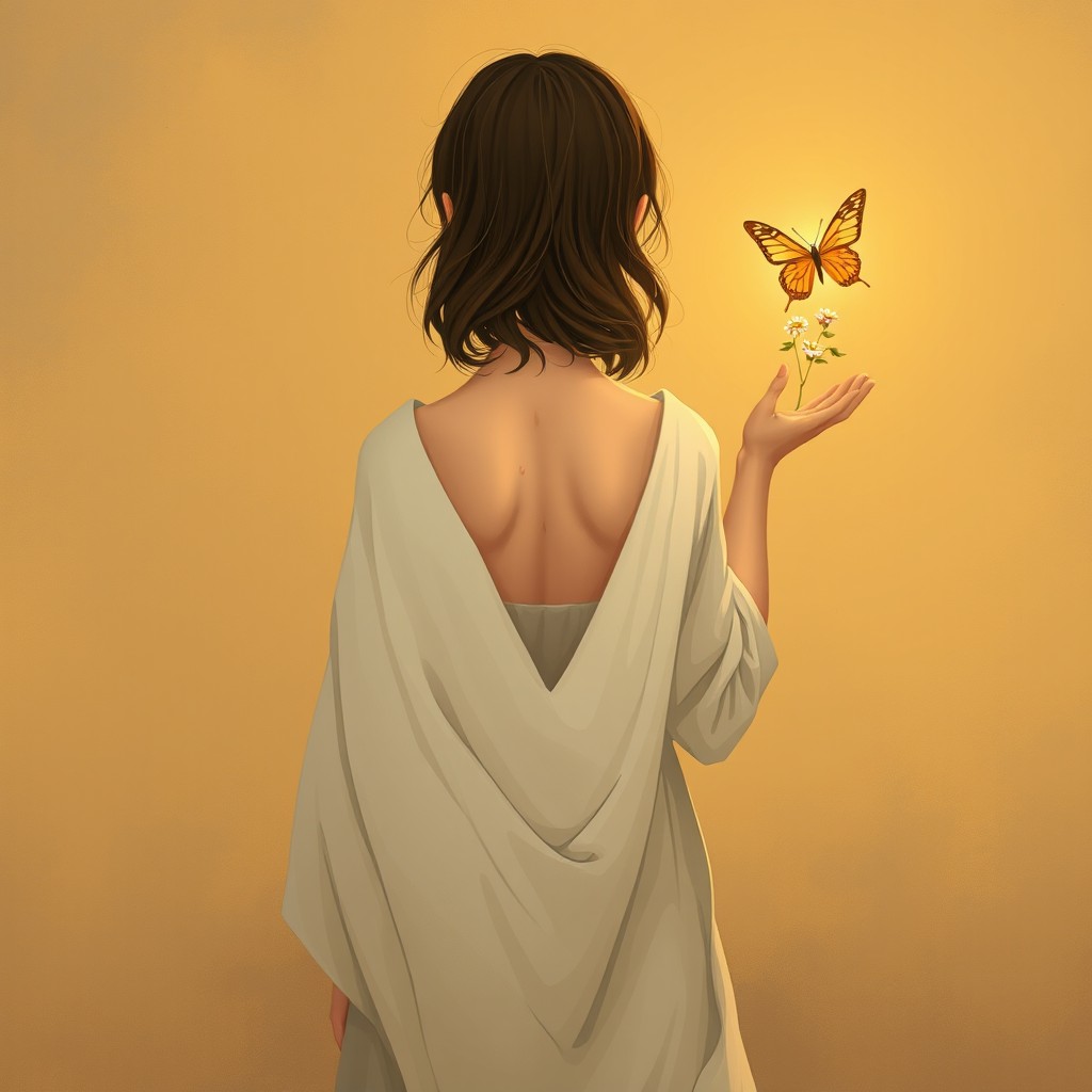 A book cover illustration featuring a young woman seen from behind, slightly turned to the left