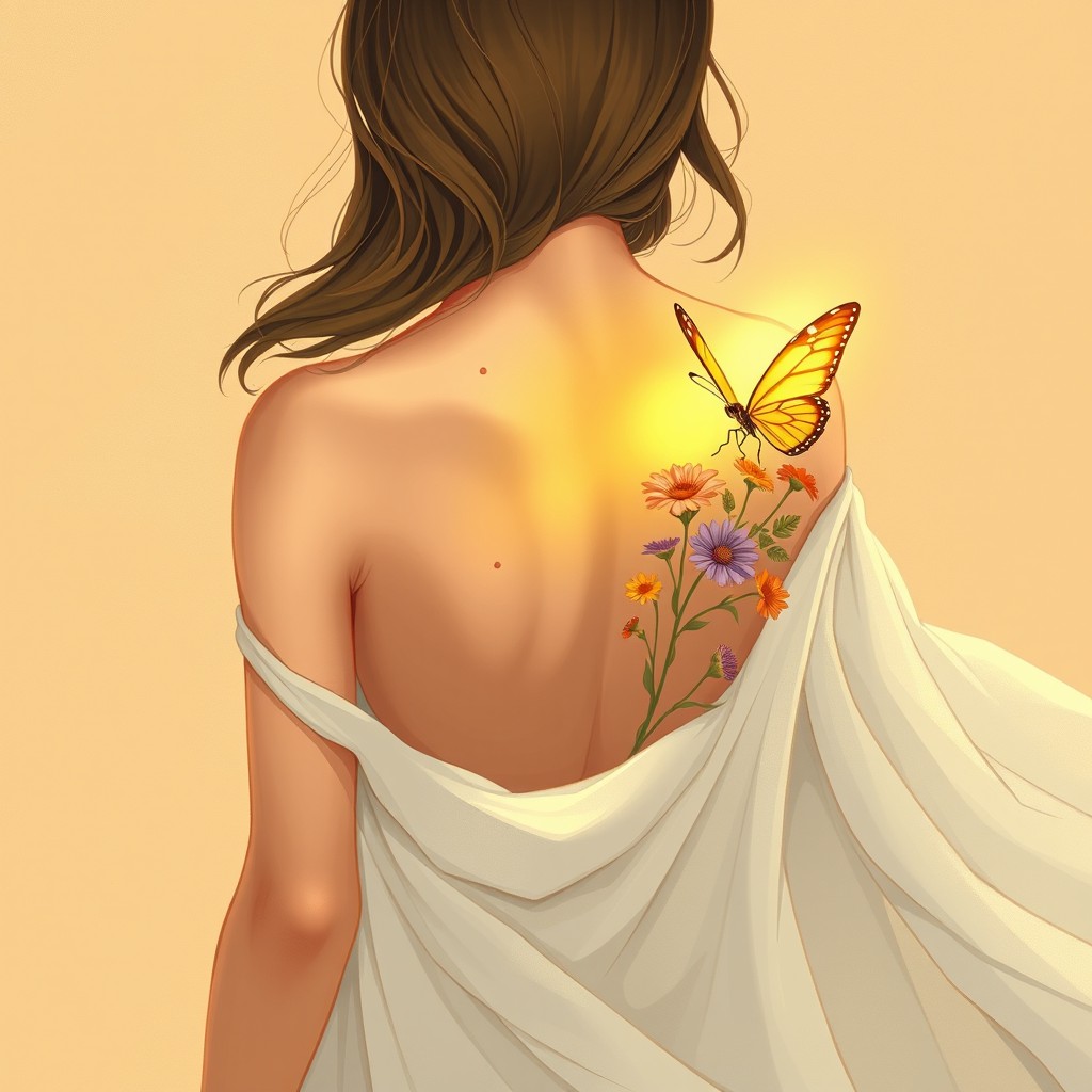 A book cover illustration featuring a young woman seen from behind, slightly turned to the left