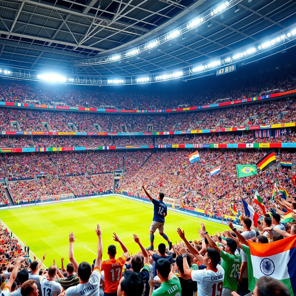A vibrant scene of a World Cup stadium filled with a large crowd of excited fans
