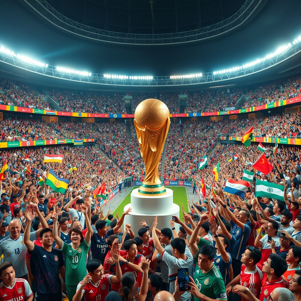 A vibrant World Cup stadium scene, bustling with a large crowd of excited fans filling the stands