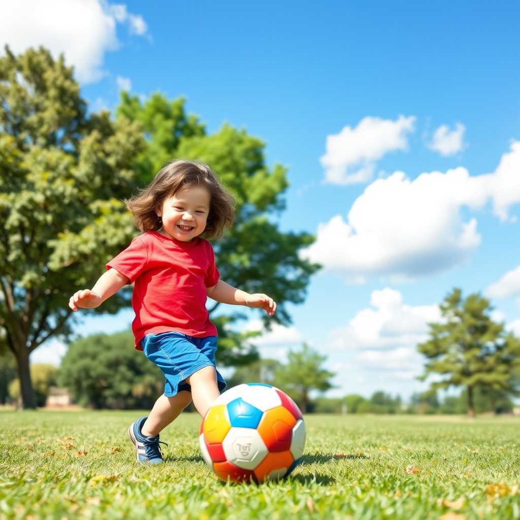 A joyful scene of a small child, around 5 years old, playing soccer in a sunny park
