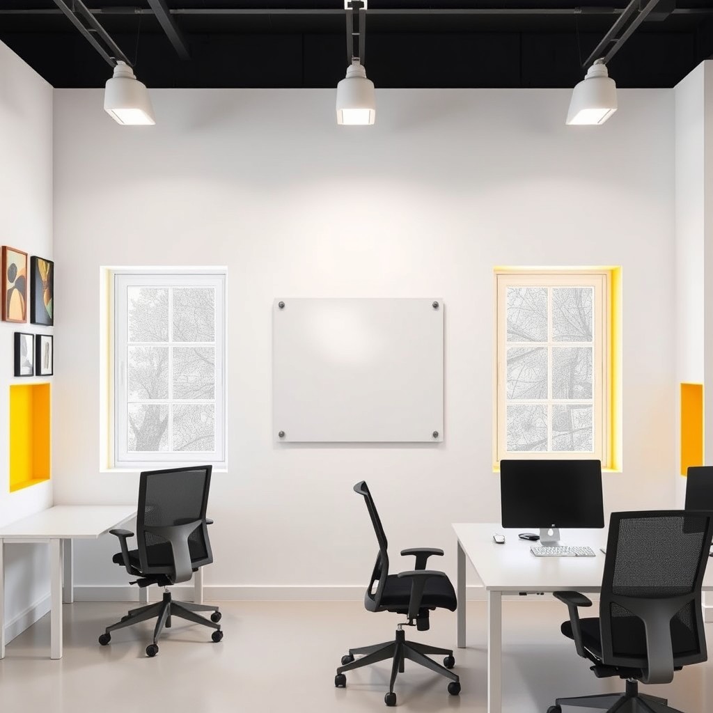An office interior design featuring two three-pane windows located on the same wall but at different sides