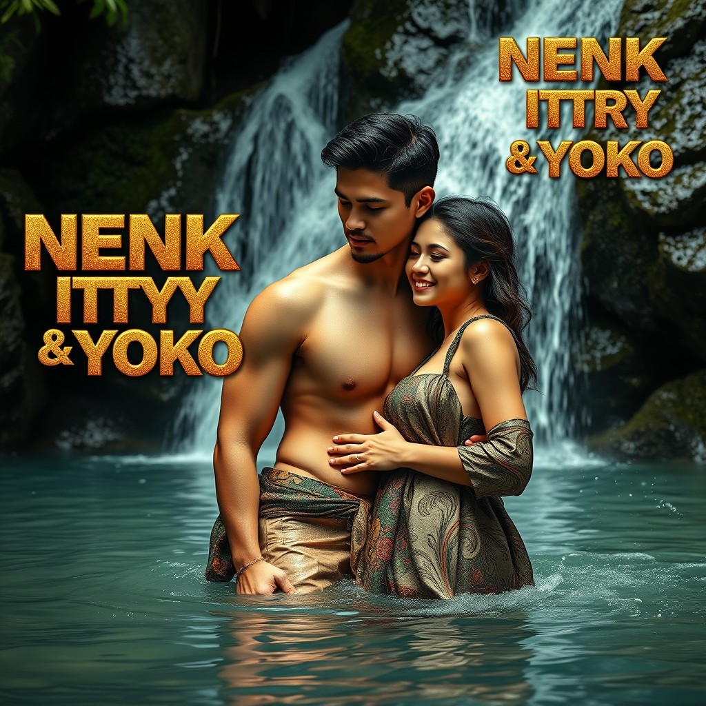 A beautiful scene depicting a young and handsome couple with prominent features, bathing in a serene setting beside a waterfall