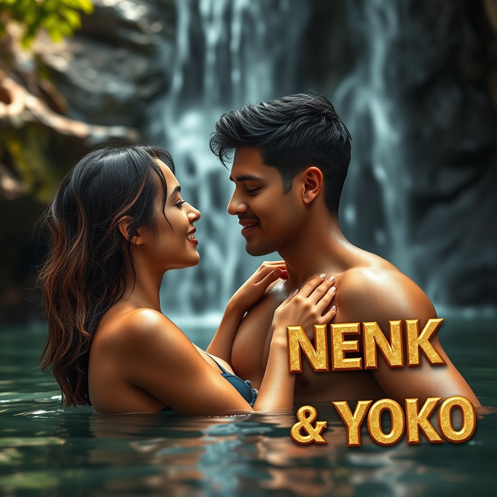 A captivating scene featuring a young and attractive couple engaged in an intimate moment while bathing in a beautiful natural setting beside a waterfall
