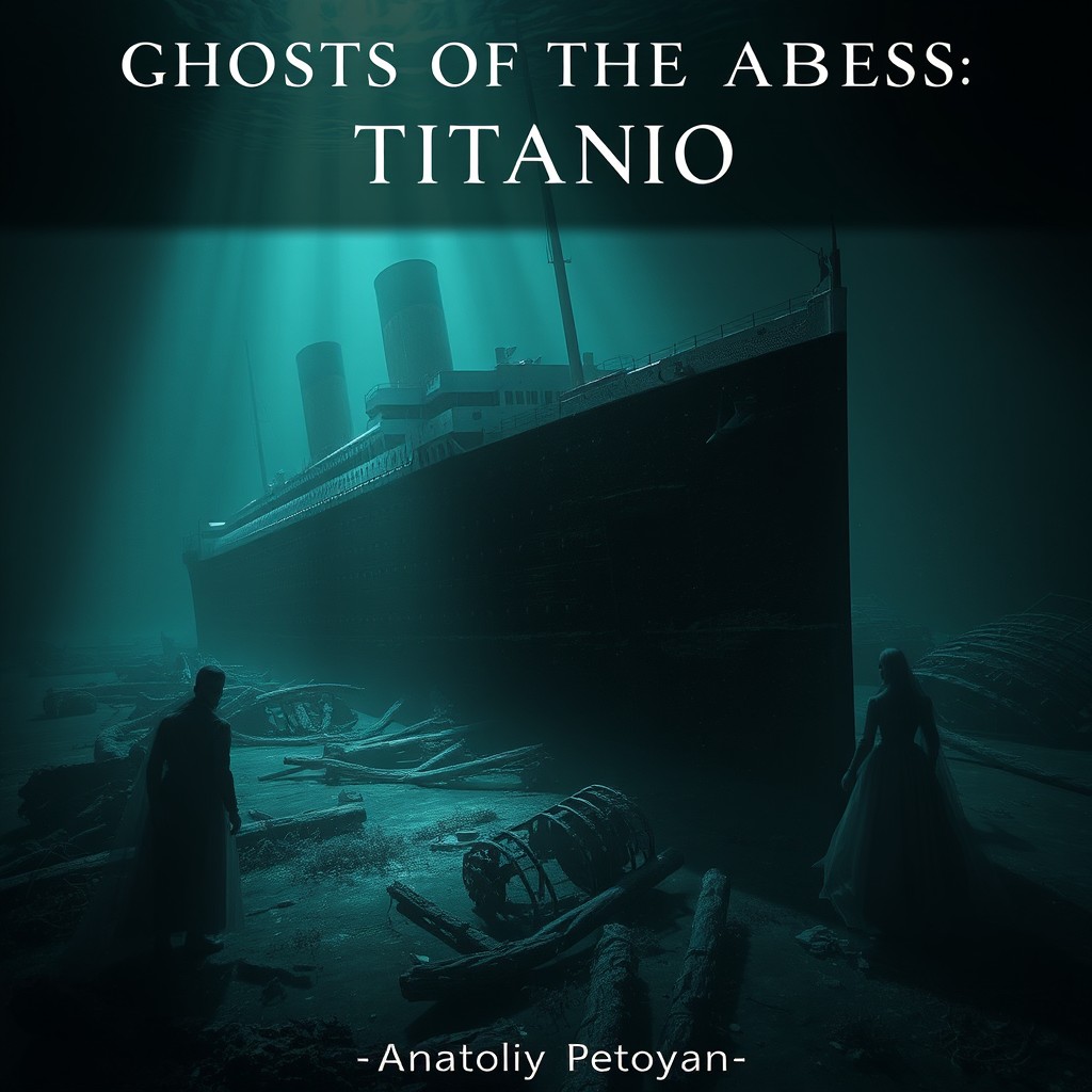 The remnants of the Titanic resting on the ocean floor, surrounded by ethereal shadows of ghosts dressed in Edwardian attire