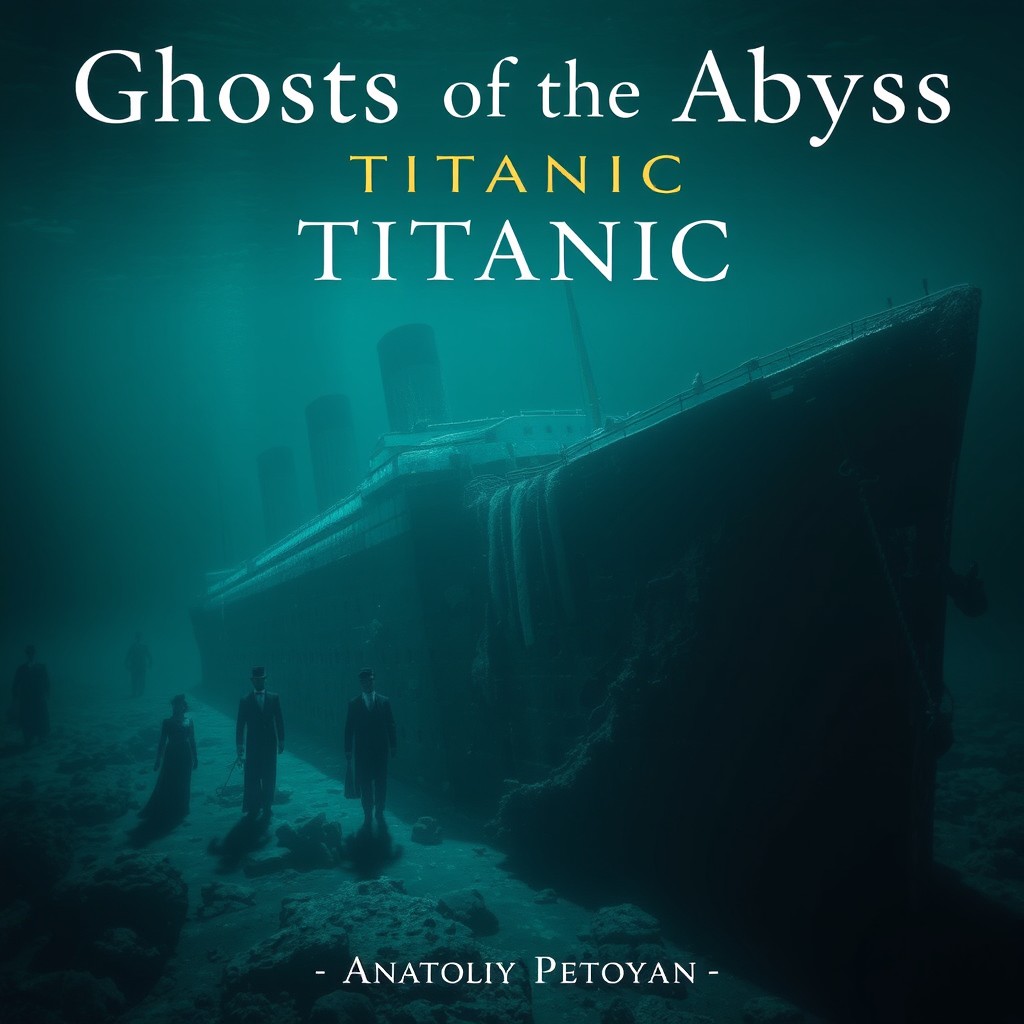 The wreckage of the Titanic lies on the ocean floor, accompanied by haunting shadows of ghosts dressed in Edwardian attire