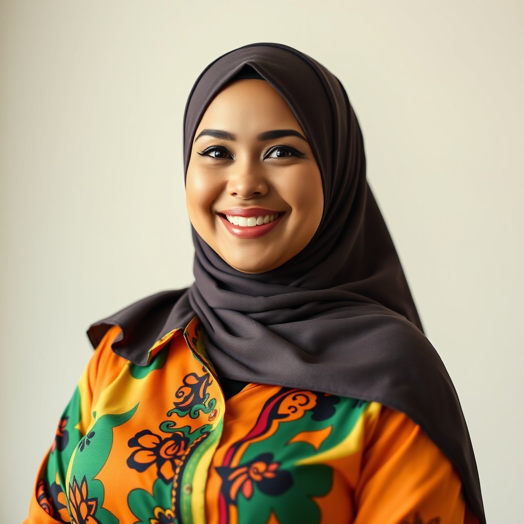A full-body portrait of a hijab-wearing woman in her 30s, exuding an inviting and cheerful smile that captivates the viewer