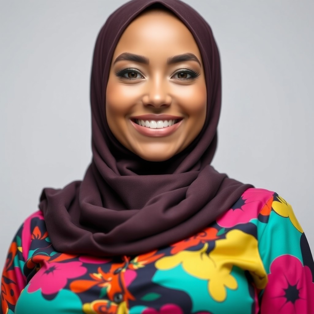 A beautiful and alluring woman in her 30s wearing a hijab, showcasing a happy and charming smile