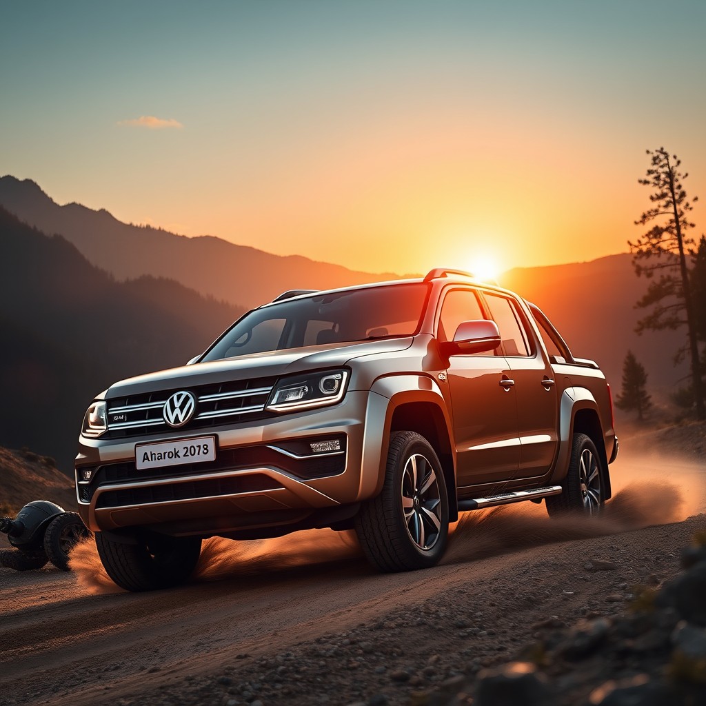 A dynamic, high-resolution video wallpaper featuring a Volkswagen Amarok V6 Highline in a picturesque outdoor setting