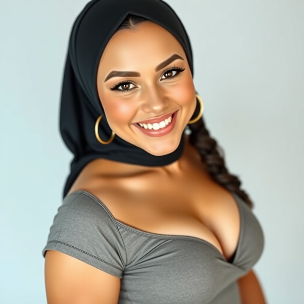 A stunningly beautiful woman in her 30s wearing a stylish hijab, showcasing a captivating and alluring smile