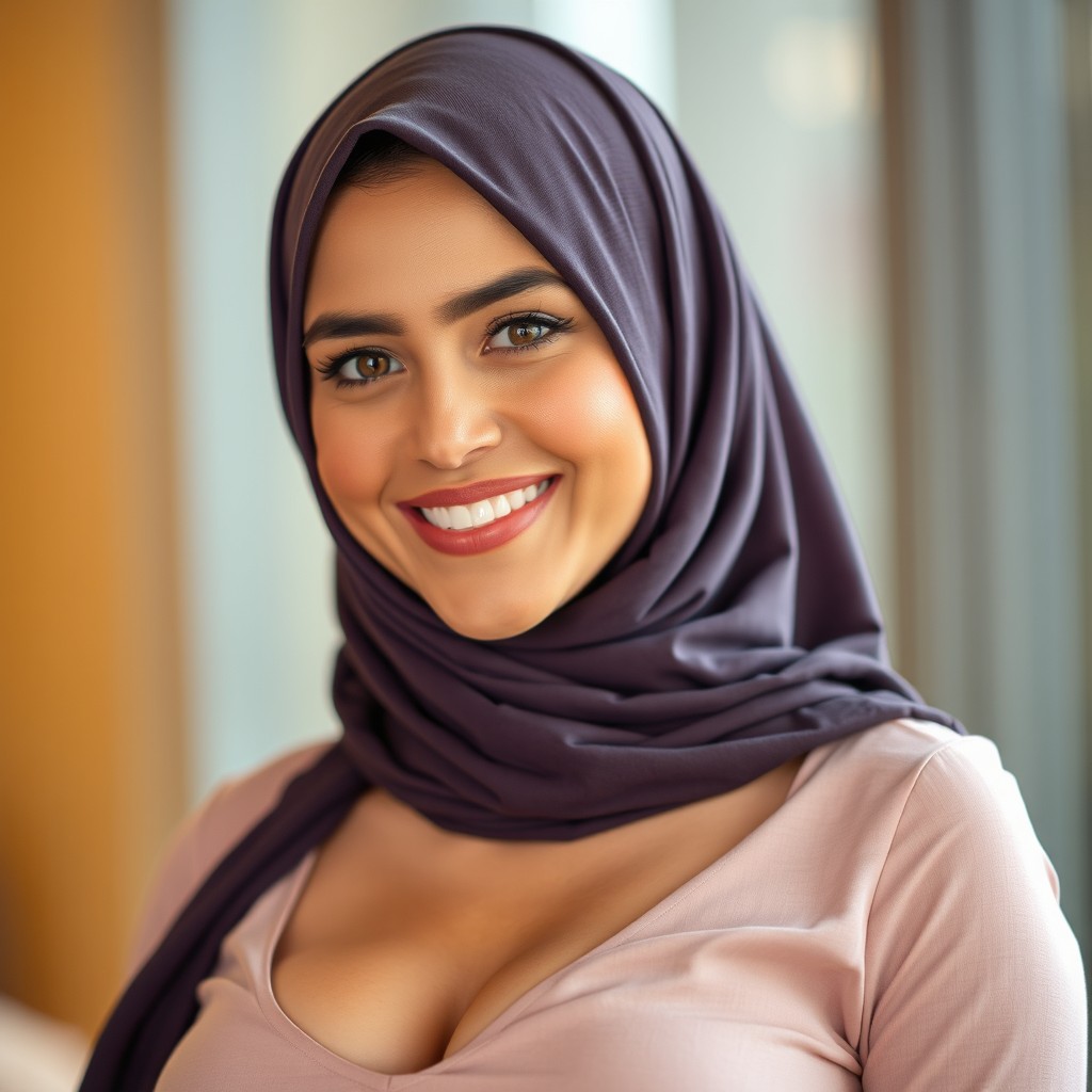 A beautiful woman in her 30s with a fair complexion, wearing a stylish hijab, exuding a sense of confidence and allure