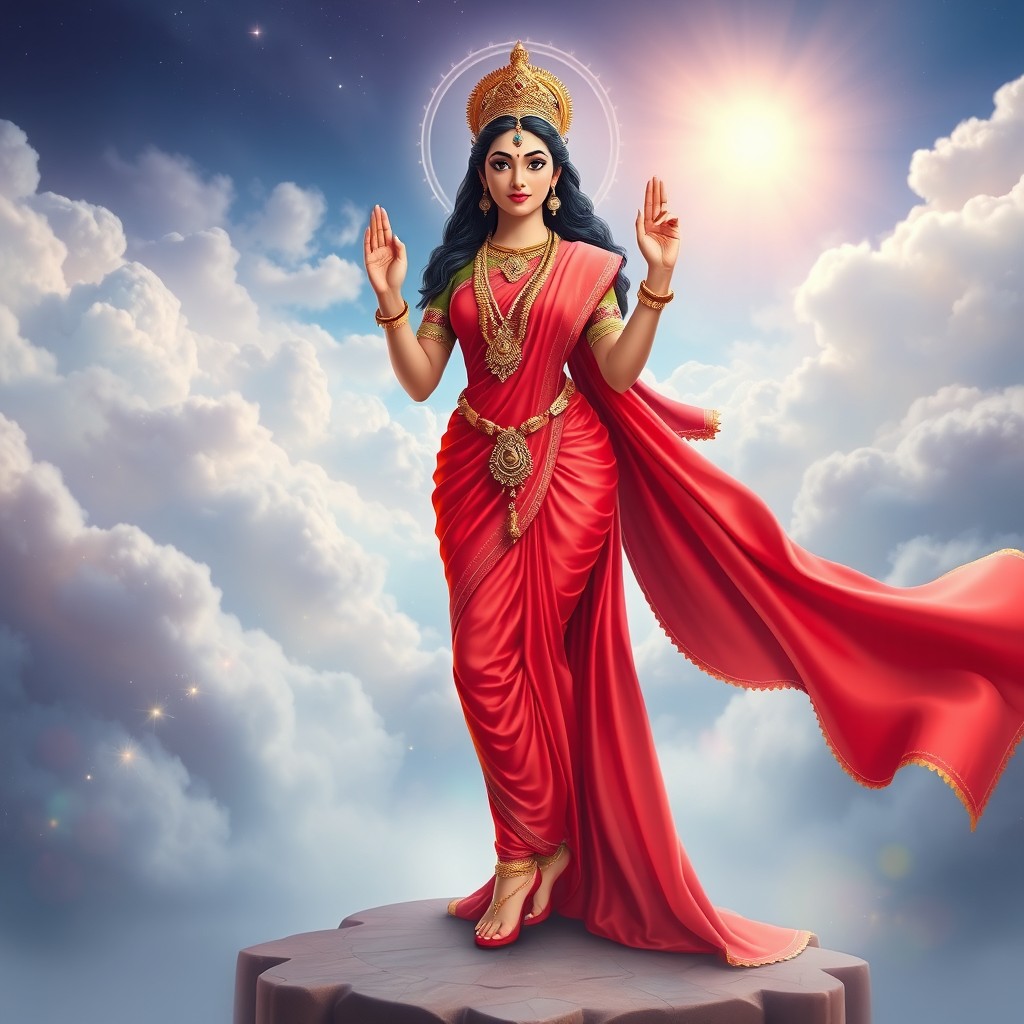 A beautiful divine Hindu goddess standing elegantly in the heavenly realm of Swarg, wearing a stunning red saree that flows gracefully around her