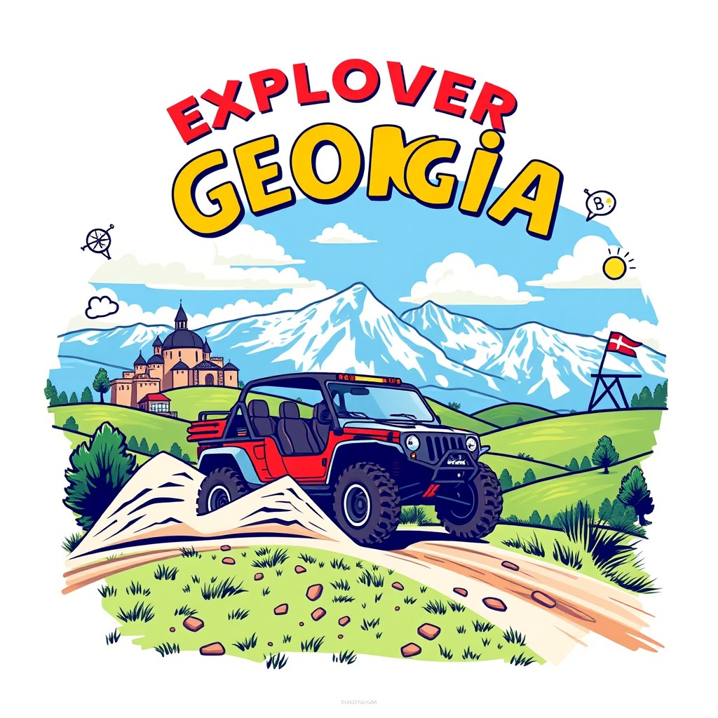 A vibrant t-shirt design featuring an adventurous theme of exploring Georgia by buggy