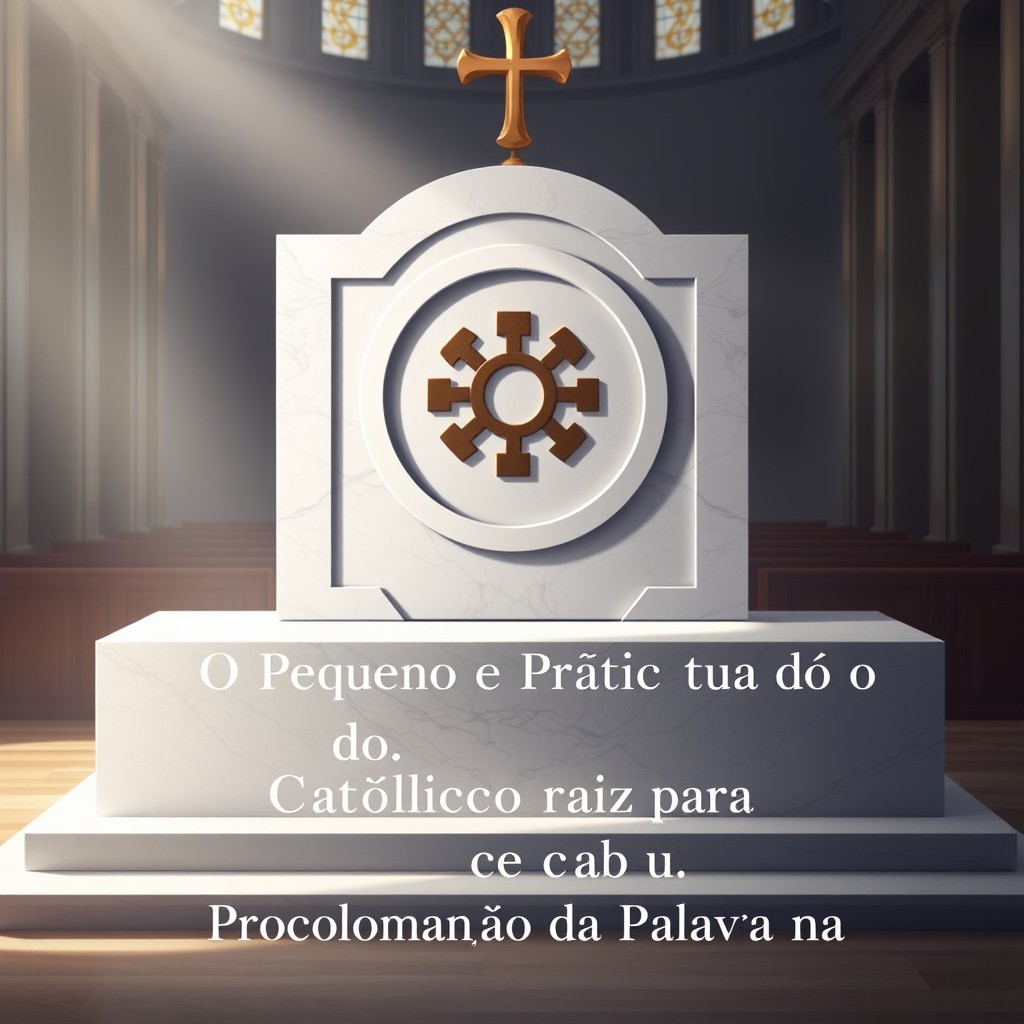 An artistic illustration featuring a marble ambon with the Chi Rho symbol prominently displayed in the center, situated within a serene Catholic church setting
