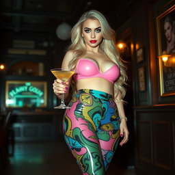 A full-length photographic image of a captivatingly beautiful and ultra-curvy young woman with long, flowing blonde hair and striking crystal blue eyes