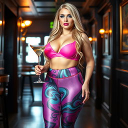 A full-length photographic image of a sexy and beautiful ultra-curvy woman with long blonde hair and striking crystal blue eyes